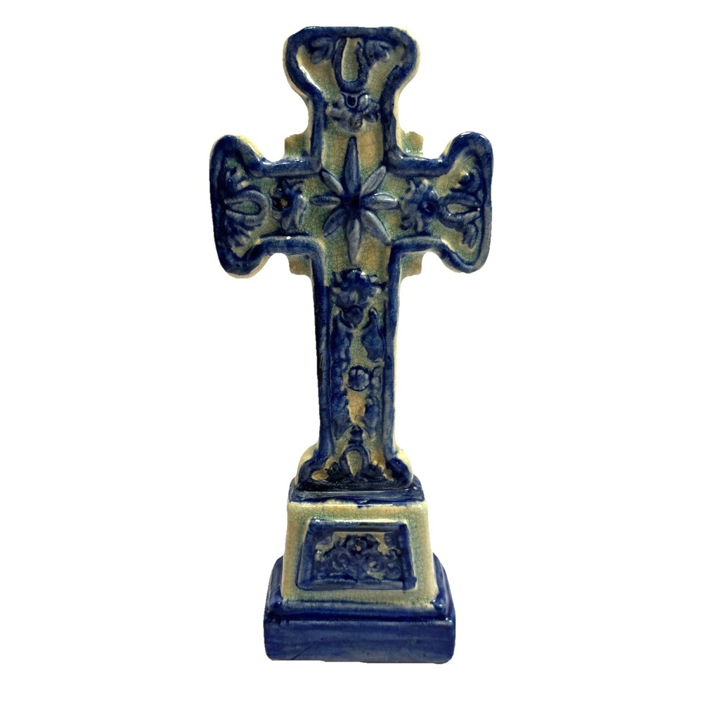 Vtg Blue Ceramic Cross Hang Or Table Top Christian Religious 10 Inch